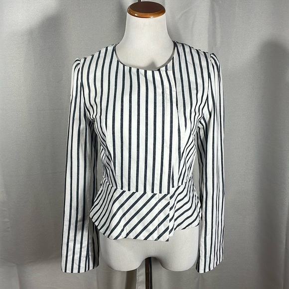 LOFT  black and White Striped Blazer light denim peplum cut - Picture 2 of 5